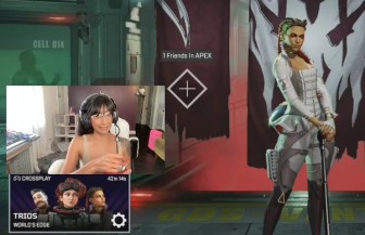Screenshot from MahatMama's stream. She's in an Apex lobby. She's drinking ... tea?