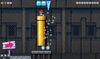 Screenshot of a video in Sílvia Fornós' "Super Mario Maker 2 as a Tool for Educational Game Design". It's a Mario Maker level, with game items (like a pipe, ice, lava, etc.) used to represent a distillation column