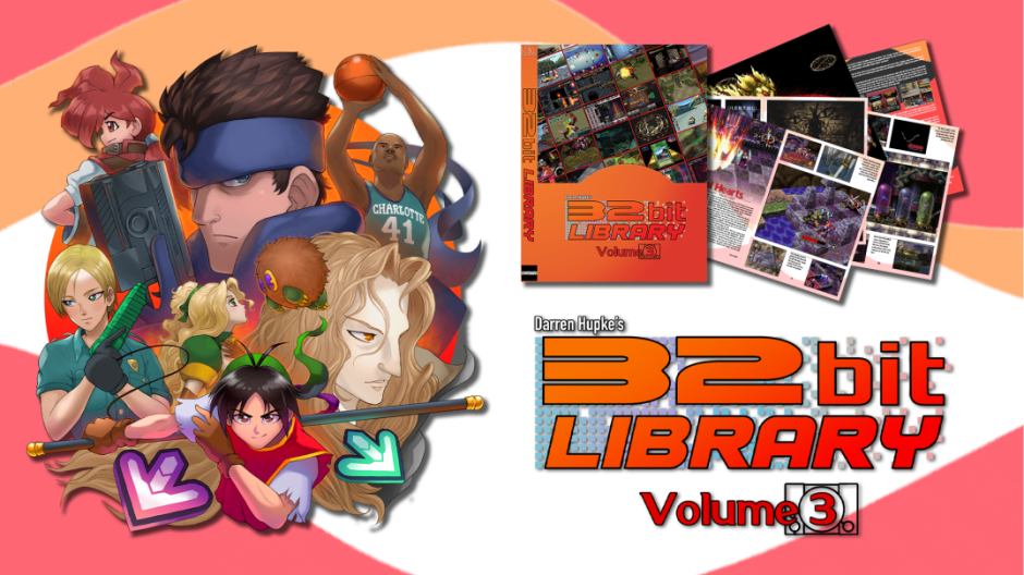 Kickstarter art for Volume 3 of Darren Hupke's 32 Bit Library series. On the right are pages from the book, including the cover, with lots of screenshots from various games. On the left are drawn iconic Konami characters, like Jill from Resident Evil and Alucard and Snake.